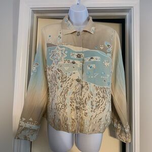 Stylish Beige and Blue Women's Silk Blouse Size medium